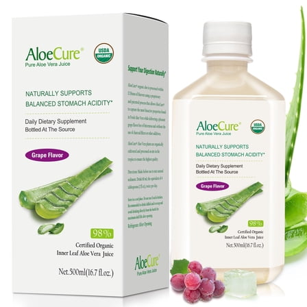 AloeCure USDA Organic Aloe Vera Juice Grape Flavor, Made Within 12 Hours of Harvest - Pure Inner Leaf Aloe Vera Juice, Natural Acid Buffer for Digestive & Immune Support