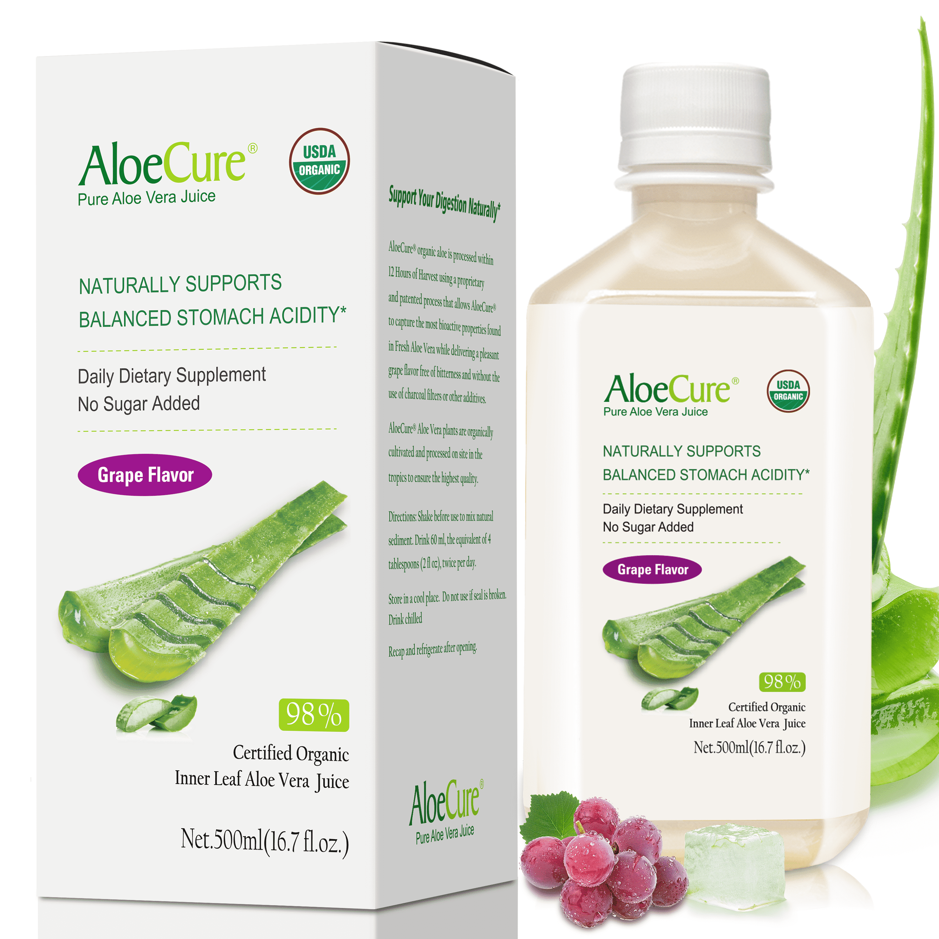 AloeCure USDA Organic Aloe Vera Juice Grape Flavor, Made Within 12 Hours of Harvest - Pure Inner Leaf Aloe Vera Juice, Natural Acid Buffer for Digestive & Immune Support