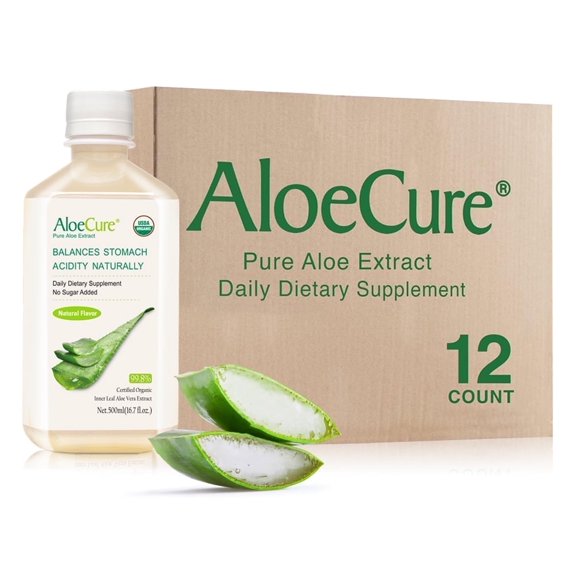 AloeCure USDA Organic Aloe Vera Juice Natural Flavor, Made Within 12 Hrs of Harvest - Pure Aloe Juice Natural Buffers Stomach Acid for Optimal Digestive Comfort and Immune Support, 12x500ml Bottle