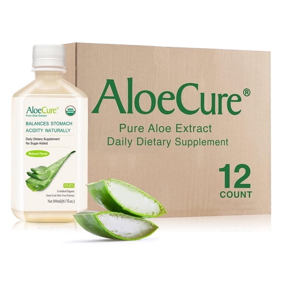 AloeCure USDA Organic Aloe Vera Juice Natural Flavor, Made Within 12 Hrs of Harvest - Pure Aloe Juice Natural Buffers Stomach Acid for Optimal Digestive Comfort and Immune Support, 12x500ml Bottle