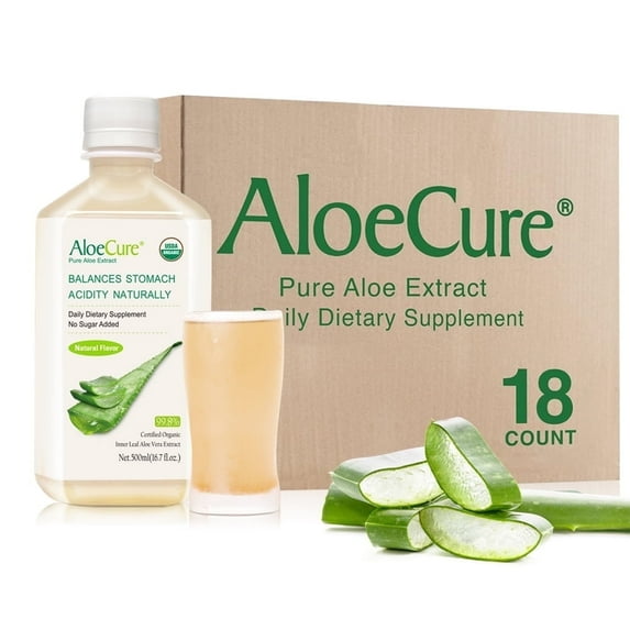 AloeCure USDA Organic Aloe Vera Juice Natural Flavor, Made Within 12 Hrs of Harvest - Pure Aloe Juice Natural Buffers Stomach Acid for Optimal Digestive Comfort and Immune Support, 18x500ml Bottle