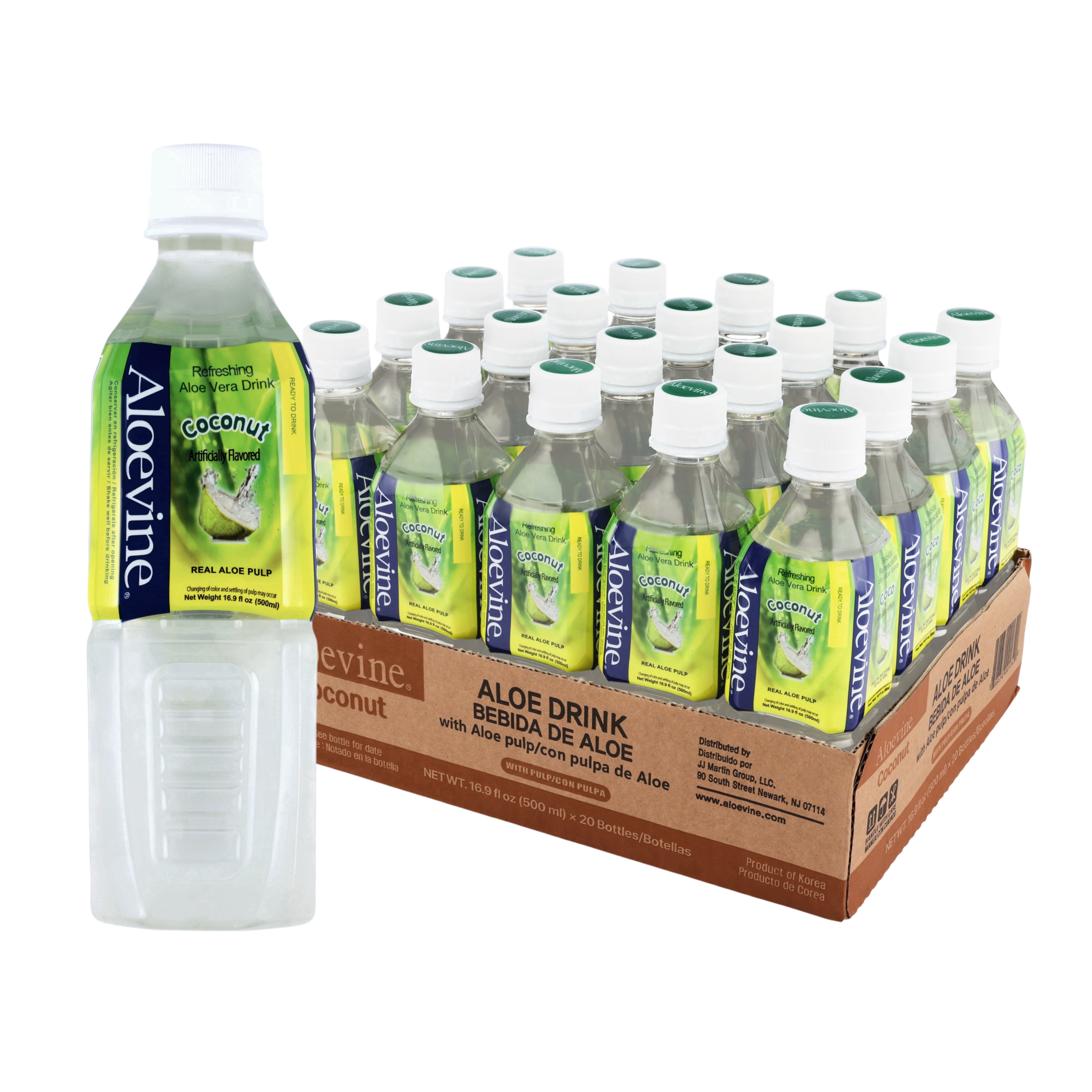 Aloevine Coconut Aloe Vera Drink with Aloe Pulp, 16.9 fl oz, 20 Count Bottles