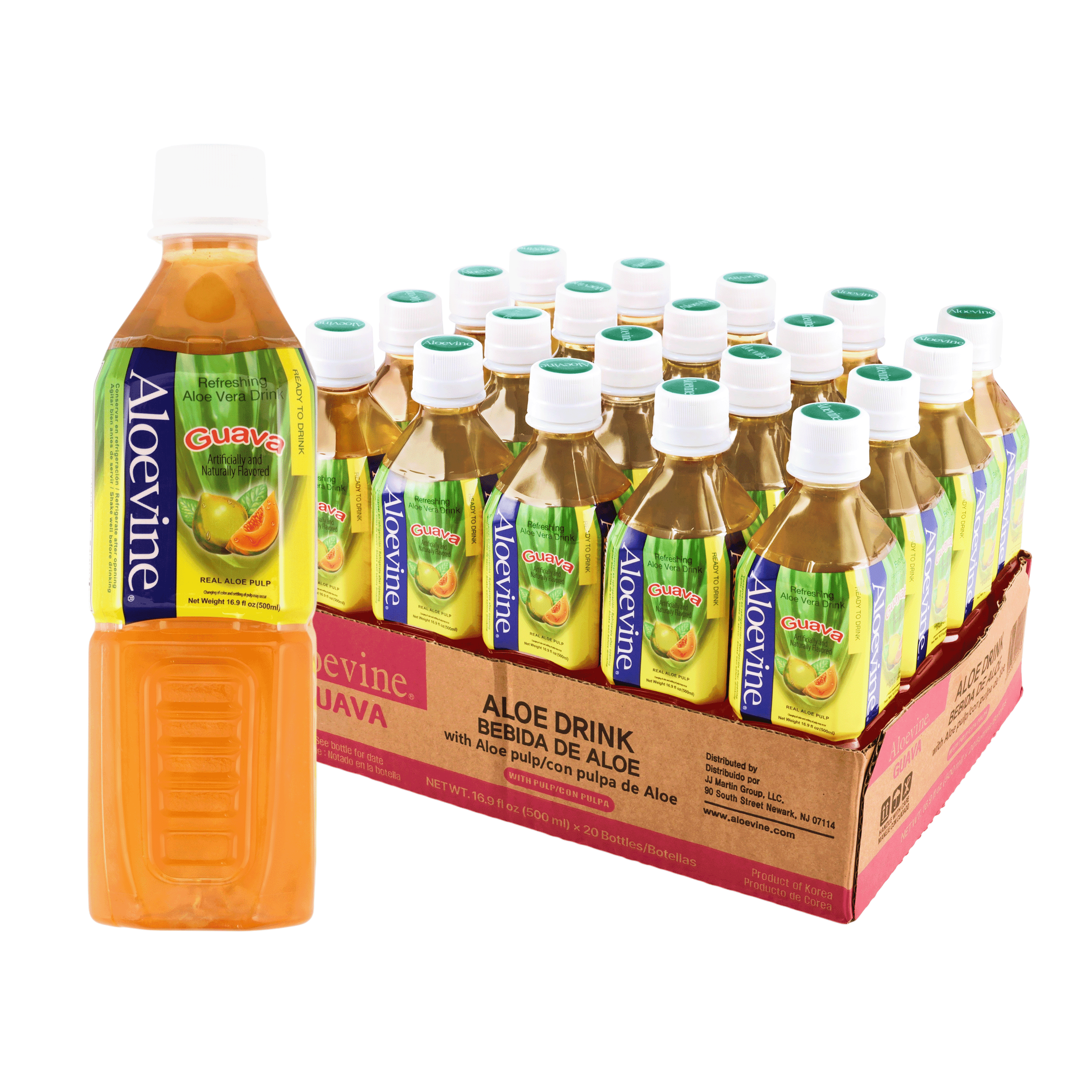 Aloevine Guava Aloe Vera Drink with Aloe Pulp, 16.9 fl oz, 20 Count Bottles