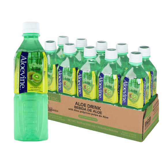 Aloevine Kiwi Aloe Vera Drink with Aloe Pulp, 16.9 fl oz, 10 Count Bottles