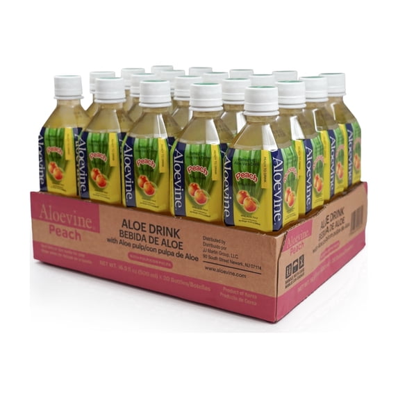Aloevine Peach Aloe Vera Drink with Aloe Pulp, 16.9 fl oz, 20 Count Bottles