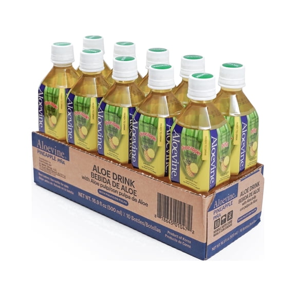 Aloevine Pineapple Aloe Vera Drink with Aloe Pulp, 16.9 fl oz, 10 Count Bottles