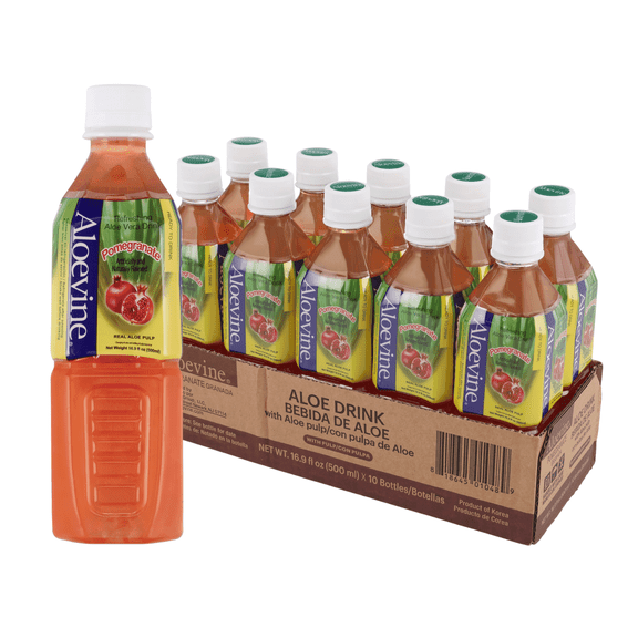 Aloevine Pomegranate Aloe Vera Drink with Aloe Pulp, 16.9 fl oz, 10 Count Bottles