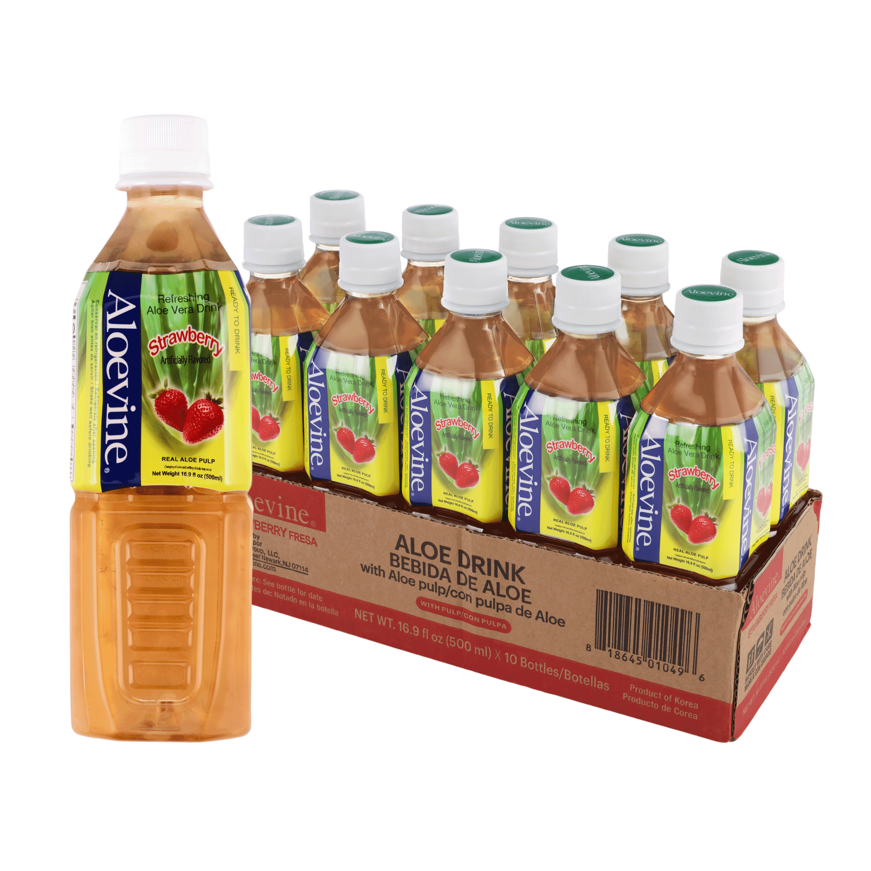 Aloevine Strawberry Aloe Vera Drink with Aloe Pulp, 16.9 fl oz, 10 Count Bottles