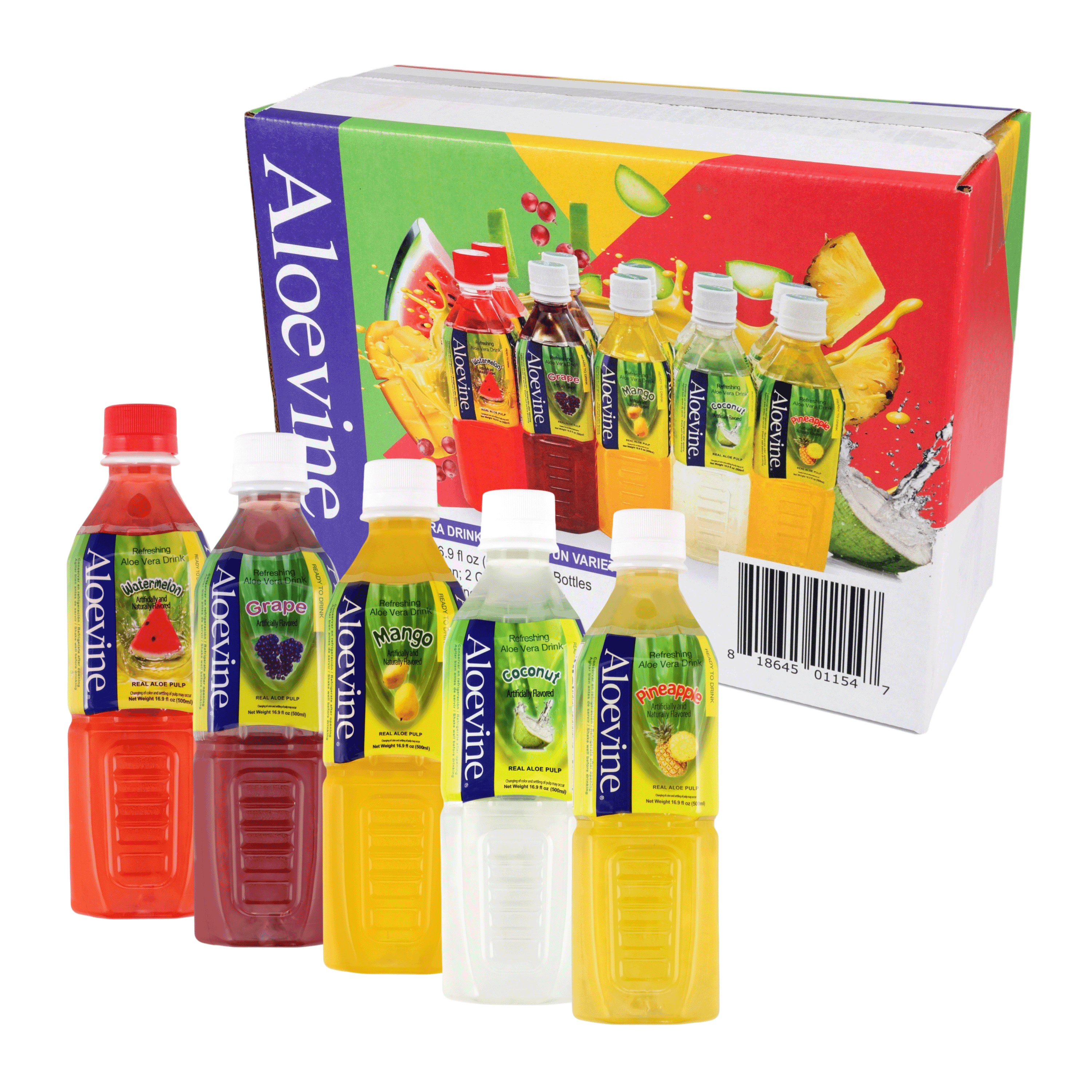 Aloevine Aloe Vera Drink, Fruity Fun Variety Pack, 16.9 fl oz, 10 Count Bottles