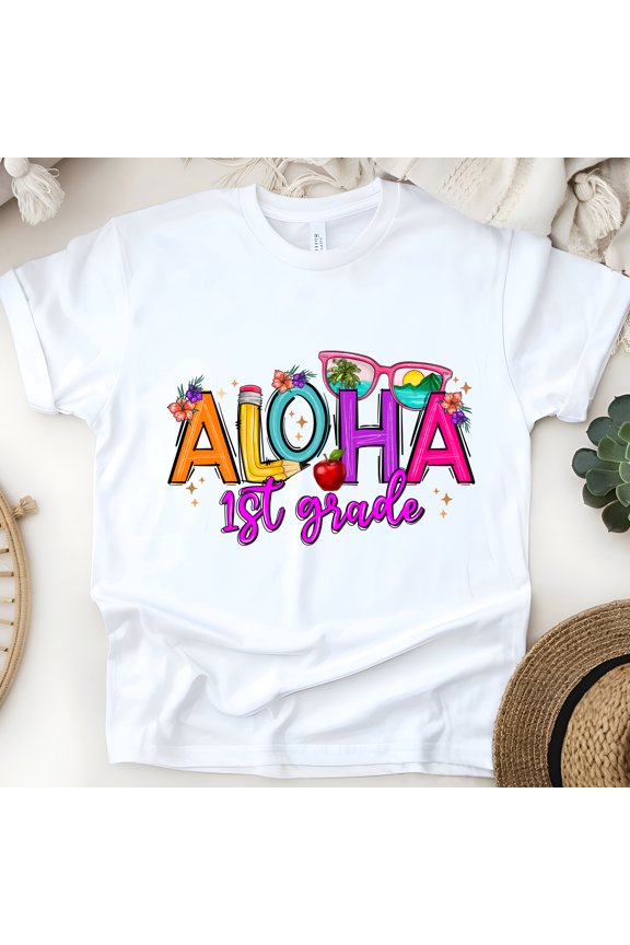 Aloha 1st Grade Shirt – Back to School Summer Vibes Teacher Tee, White, Size M