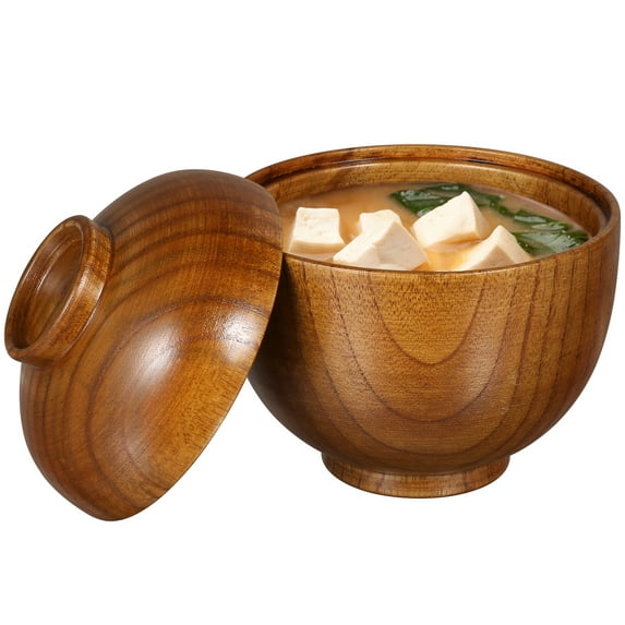 2pcs Handmade Wooden Bowls with Lids, Japanese Style Miso Soup Rice Salad Snack Bowls, 3.93x3.54 Inch, Smooth Surface for Home Use