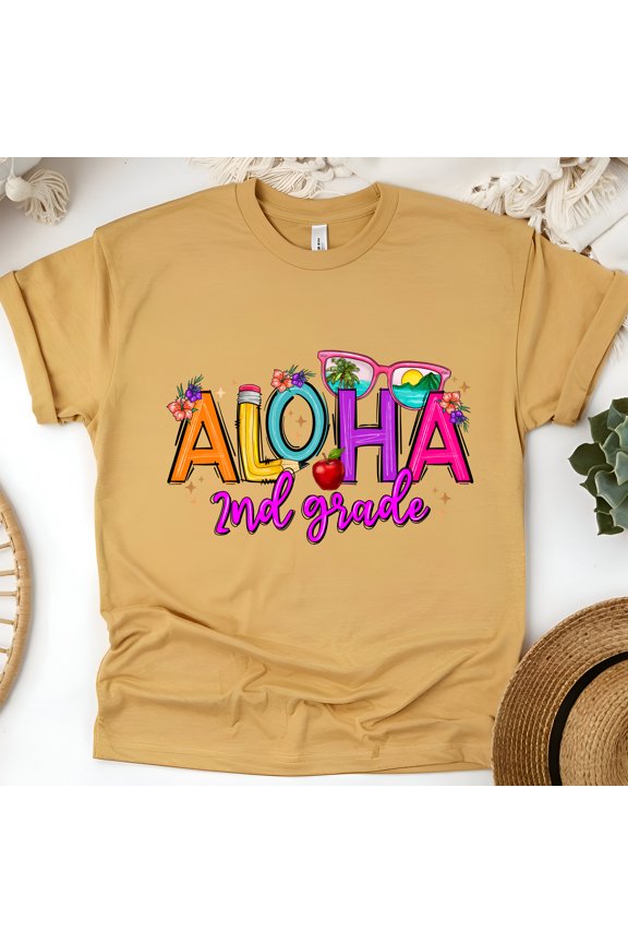 Aloha 2nd Grade Shirt – Summer Back to School Teacher Tee, Gold, Size M