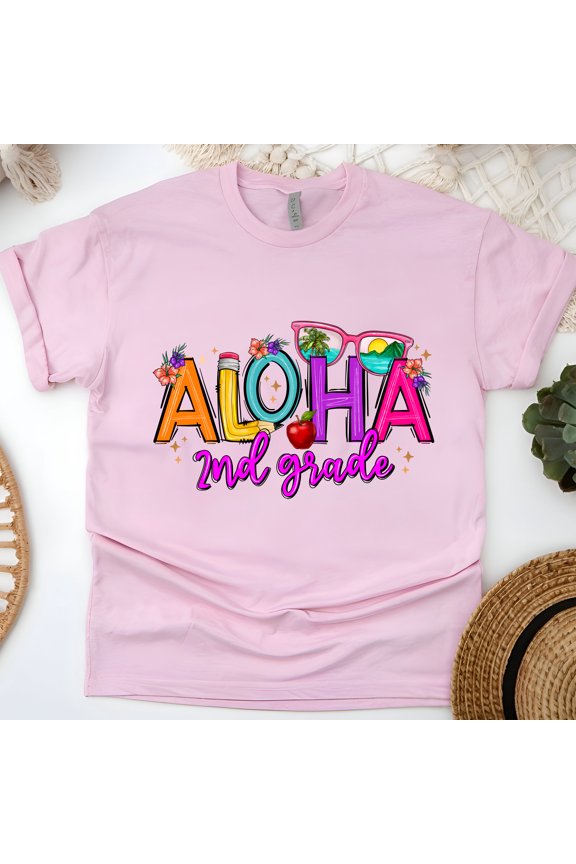 Aloha 2nd Grade Shirt – Summer Back to School Teacher Tee, Light Pink, Size M