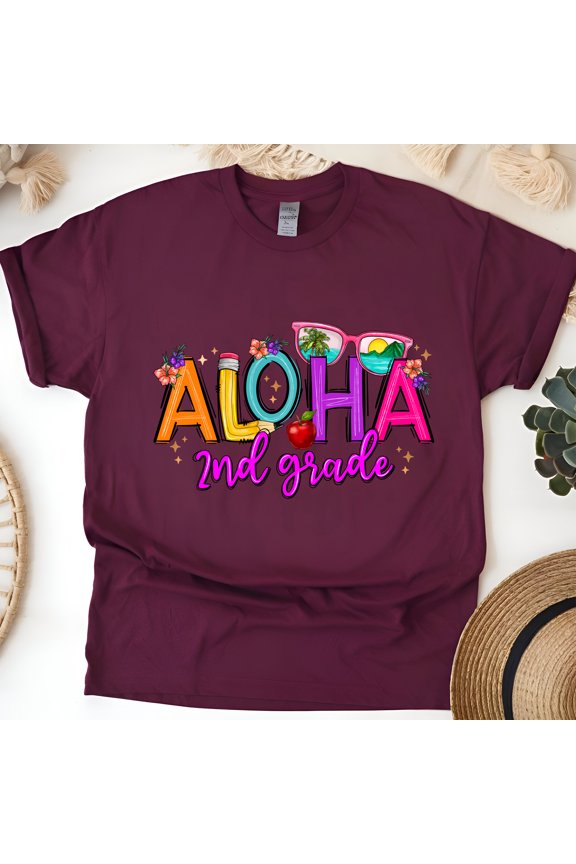 Aloha 2nd Grade Shirt – Summer Back to School Teacher Tee, Maroon, Size M