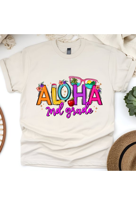 Aloha 2nd Grade Shirt – Summer Back to School Teacher Tee, Natural, Size M