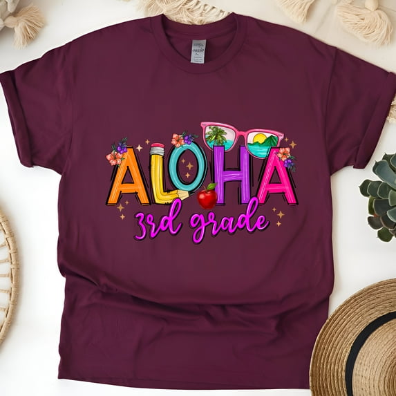 Aloha 3rd Grade Shirt – Back to School Tropical Teacher T-Shirt, Maroon, Size 3XL
