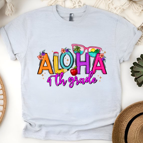 Aloha 4th Grade Shirt – Tropical Back to School Teacher T-Shirt, Ash, Size 3XL