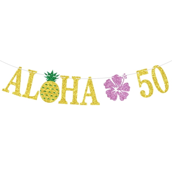 Aloha 50 Banner, Tropical Luau 50th Birthday, Hawaiian Summer 50 Years Old Birthday Party Decorations, Summer Beach Pineapple Party Supplies