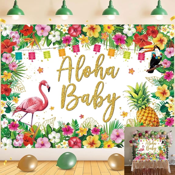 Aloha Baby Backdrop Summer Hawaiian Baby Shower Background Tropical Luau Baby Shower Party Decorations Banner Supplies Photo Booth Props