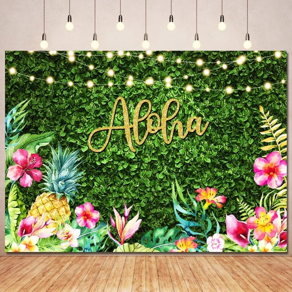 Aloha Backdrop Green Grass Flowers Pineapple Glitter Luau Birthday Photography Background Summer Tiki Tropical Hawaiian Birthday Party Decorations Banner Supplies Photo Booth Props