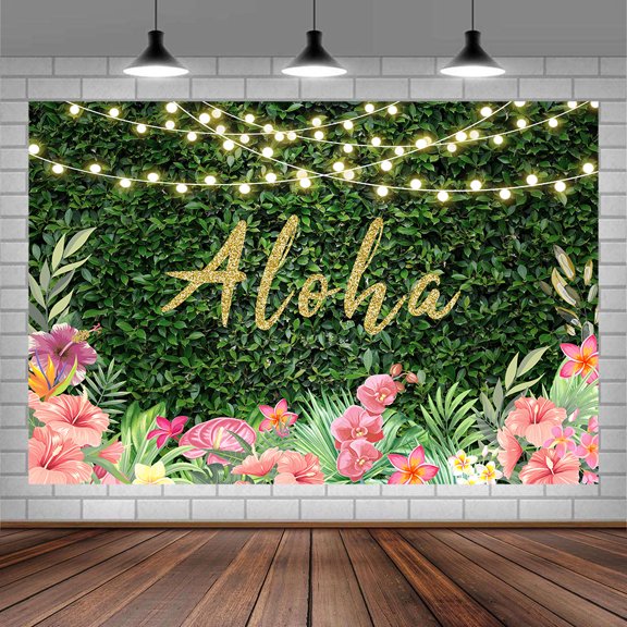 Aloha Backdrop,Summer Luau Birthday Party Backdrop,Tropical Hawaiian Baby Shower Party Banner Decoration,Lights Green Grass Flamingo Flower Background for Photography Photo Booth Banner 5X3FT