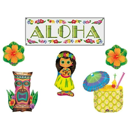 Aloha Banner and Balloons Party Decoration Hula Girl Luau Tiki