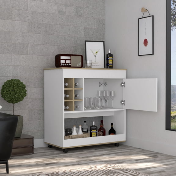 Aloha Bar Cart - Light Oak/White Finish - 6 Bottle Cubbies, Lower Panel