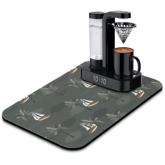 Aloha Beach Vacation Dish Drying Mat, Hawaiian Island Classic Coffee Mat, Absorbent Diatom Mud Kitchen Mat with Nautical Tropical Palm Design