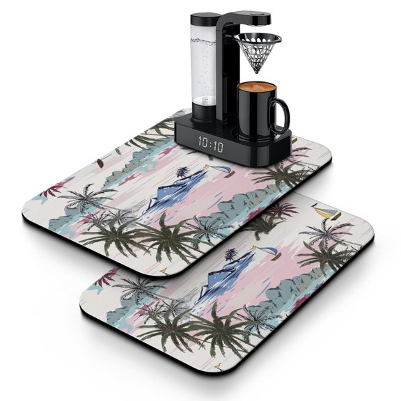 Aloha Beach Vacation Dish Drying Mat, Hawaiian Island Classic Coffee Mat, Absorbent Diatom Mud Kitchen Mat with Nautical Tropical Palm Design