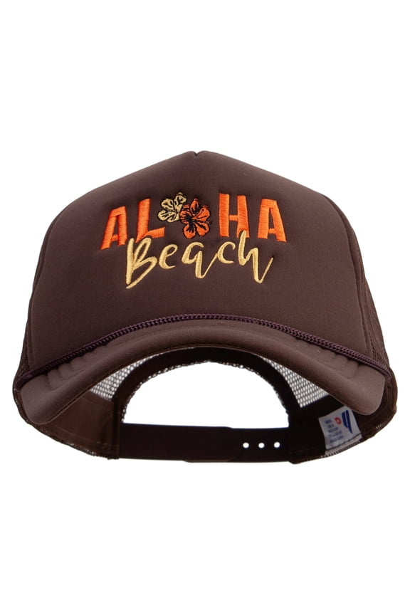 Aloha Beach with Flowers Embroidered Summer Foam Mesh Trucker Cap - Chocolate OSFM