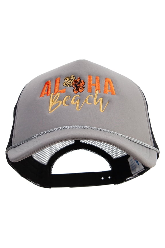 Aloha Beach with Flowers Embroidered Summer Foam Mesh Trucker Cap - Grey Black OSFM