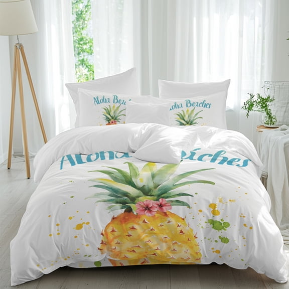 Aloha Beaches Comforter Set Twin Size, Pineapple Summer Fruit Soft Bedding Set for Man Woman, 4 Pieces Duvet Cover Set with Fitted Sheet, 2 Pillowcases