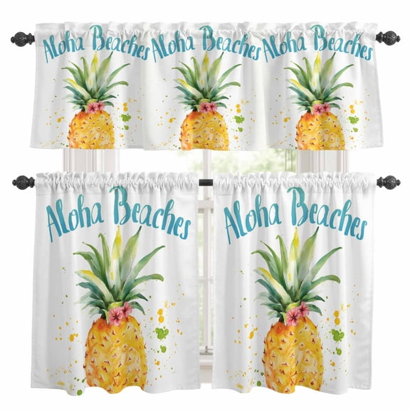 Aloha Beaches Kitchen Curtains Valances and Tiers Set of 3 Pineapple Summer Fruit Tier Curtains and Valance with Rod Pocket for Small Windows, 27.5"x24"