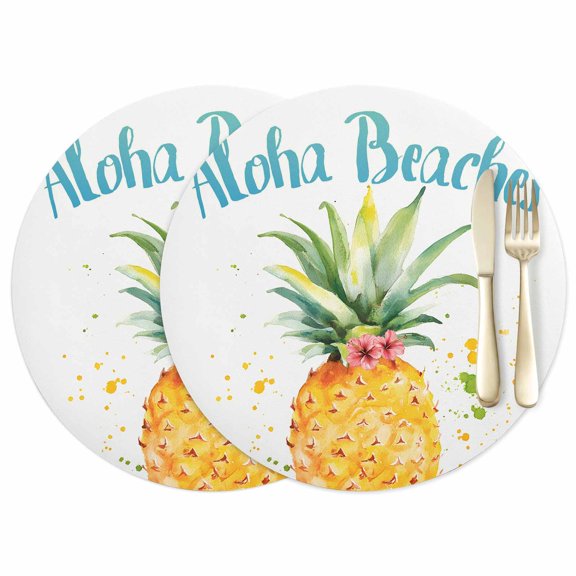 Aloha Beaches Leather Placemats Set of 2, 12 Inch, Pineapple Summer Fruit Waterproof Oil-Proof Place Mats, Non-Slip Table Mats for Kitchen, Dining Room, Indoor Outdoor