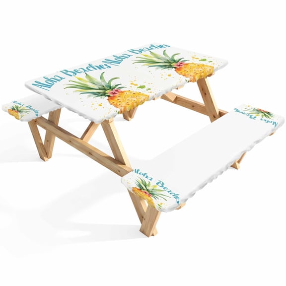 Aloha Beaches Picnic Table Cover with Bench Covers Pineapple Summer Fruit Waterproof Fitted Picnic Tablecloth 3 Pieces Set Table Cloth for Outdoor Camping Garden BBQ