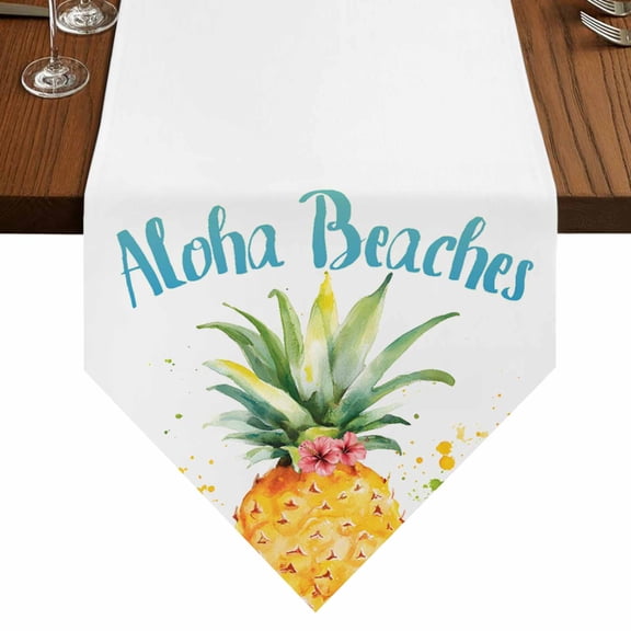 Aloha Beaches Table Runner for Dining Room, Pineapple Summer Fruit Cotton Linen Dining Table Runner Tablecloth Dresser Scarves for Kitchen Cafe 13x36 Inches Long