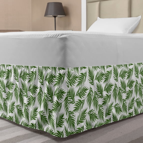 Aloha Bed Skirt, Repetitive Print of Island Leaves Flora Garden Items with Handmade Spots, Elastic Bedskirt Dust Ruffle Wrap Around for Bedding Decor, 4 Sizes, Olive Green and White, by Ambesonne