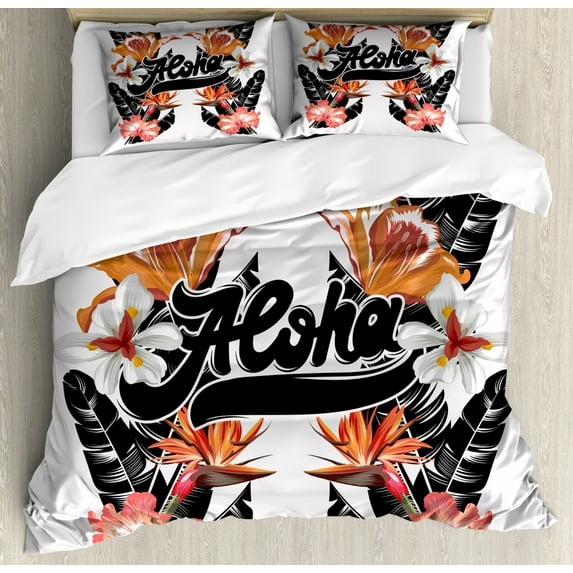 Aloha Duvet Cover Set Queen Size, Calligraphic Layout with Large Flowers and Leaves Exotic Feels, Decorative 3 Piece Bedding Set with 2 Pillow Shams, White Charcoal Grey Multicolor, by Ambesonne