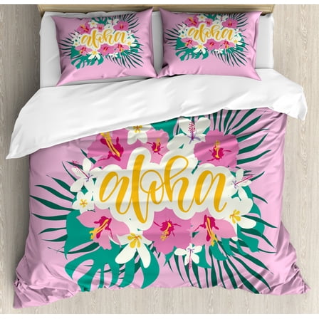 Aloha Duvet Cover Set Queen Size, Hand Lettering with Hibiscus Lily Plumeria Flowers and Palm Leaves on Pink Backdrop, Decorative 3 Piece Bedding Set with 2 Pillow Shams, Multicolor, by Ambesonne