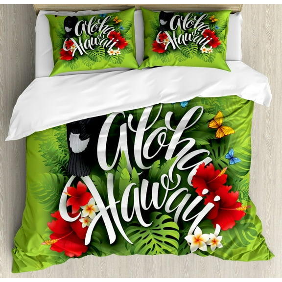 Aloha Duvet Cover Set Queen Size, Hawaiian Cursive Lettering with Butterflies Flowers and Toucan Leafy Tropical Design, Decorative 3 Piece Bedding Set with 2 Pillow Shams, Multicolor, by Ambesonne