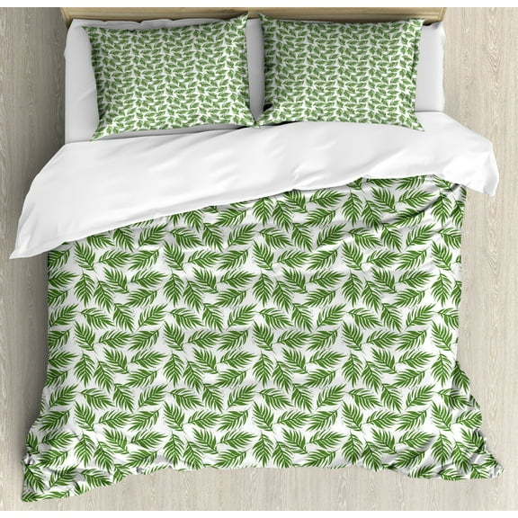 Aloha Duvet Cover Set, Repetitive Print of Island Leaves Flora Garden Items with Handmade Spots, Decorative 3 Piece Bedding Set with 2 Pillow Shams, Calking Size, Olive Green and White, by Ambesonne