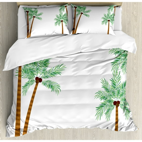 Aloha Duvet Cover Set, Setting Formed of Tall Palm Trees with Coconuts Island Foods Exotic Botany, Decorative 3 Piece Bedding Set with 2 Pillow Shams, Queen Size, White Green Ginger, by Ambesonne