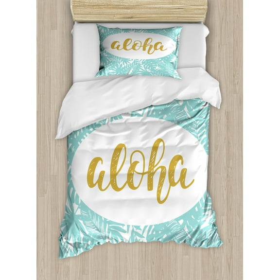 Aloha Duvet Cover Set Twin Size, Wording with Palm Tree Leaves Hawaiian Language Vacation Spot, Decorative 2 Piece Bedding Set with 1 Pillow Sham, Seafoam Pale Earth Yellow White, by Ambesonne