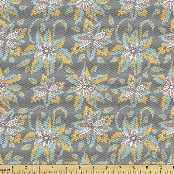 Aloha Fabric by the Yard, Colorful Pastel Tone Demonstration of Floral Formations in Orange Tones, Upholstery Fabric for Dining Chairs Home Decor Accents, 1 Yard, Dimgray and Multicolor by Ambesonne