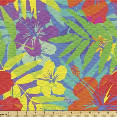Ambesonne Aloha Fabric by the Yard Upholstery, Hawaiian Rainforest Leaves, 5 Yards, Multicolor