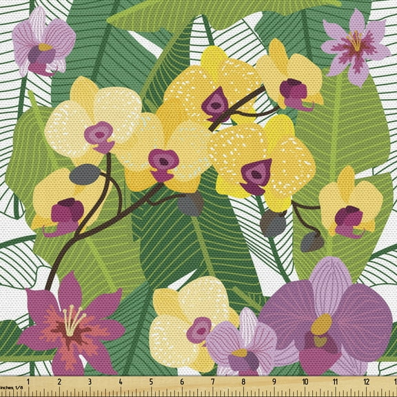 Aloha Fabric by the Yard, Hawaiian Tropical Plants Flowers Hibiscus Palm, Decorative Upholstery Fabric for Chairs & Home Accents, 5 Yards, Green Multicolor by Ambesonne