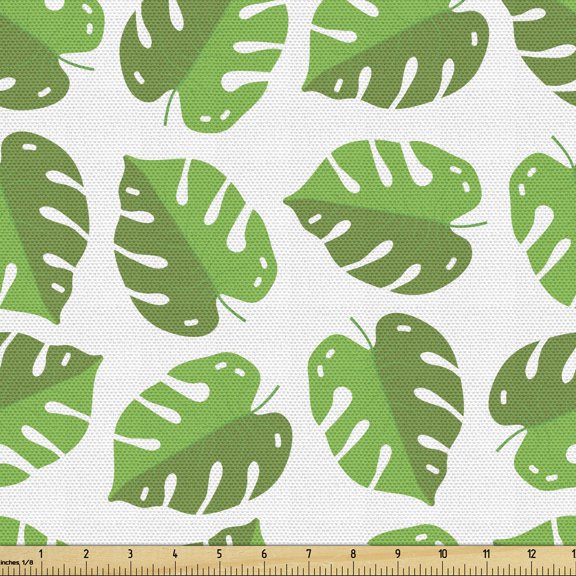 Ambesonne Aloha Fabric by the Yard Upholstery, Repeated Monstera Plantation, 5 Yards, Olive Green Green White