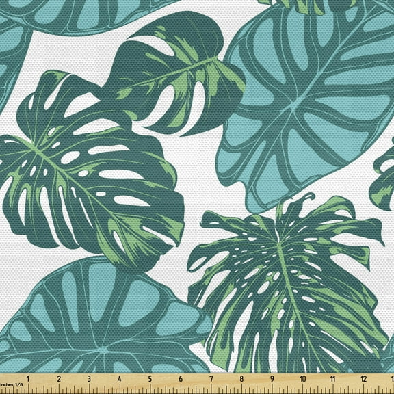 Aloha Fabric by the Yard, Striped Monochrome Motifs Nature Themed Foliage Forest Leaves, Decorative Upholstery Fabric for Chairs & Home Accents, 1 Yard, Turquoise Teal by Ambesonne