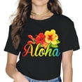 thumbnail image 1 of Aloha Flowers Hawaiian Funny Hawaii Beach Luau Party Women Tops T-Shirt Graphics Shirt Casual Short Sleeve Crew Neck Shirts Gift Tee Black Large, 1 of 3
