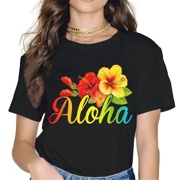 Aloha Flowers Hawaiian Funny Hawaii Beach Luau Party Women Tops T-Shirt Graphics Shirt Casual Short Sleeve Crew Neck Shirts Gift Tee Black X-Large